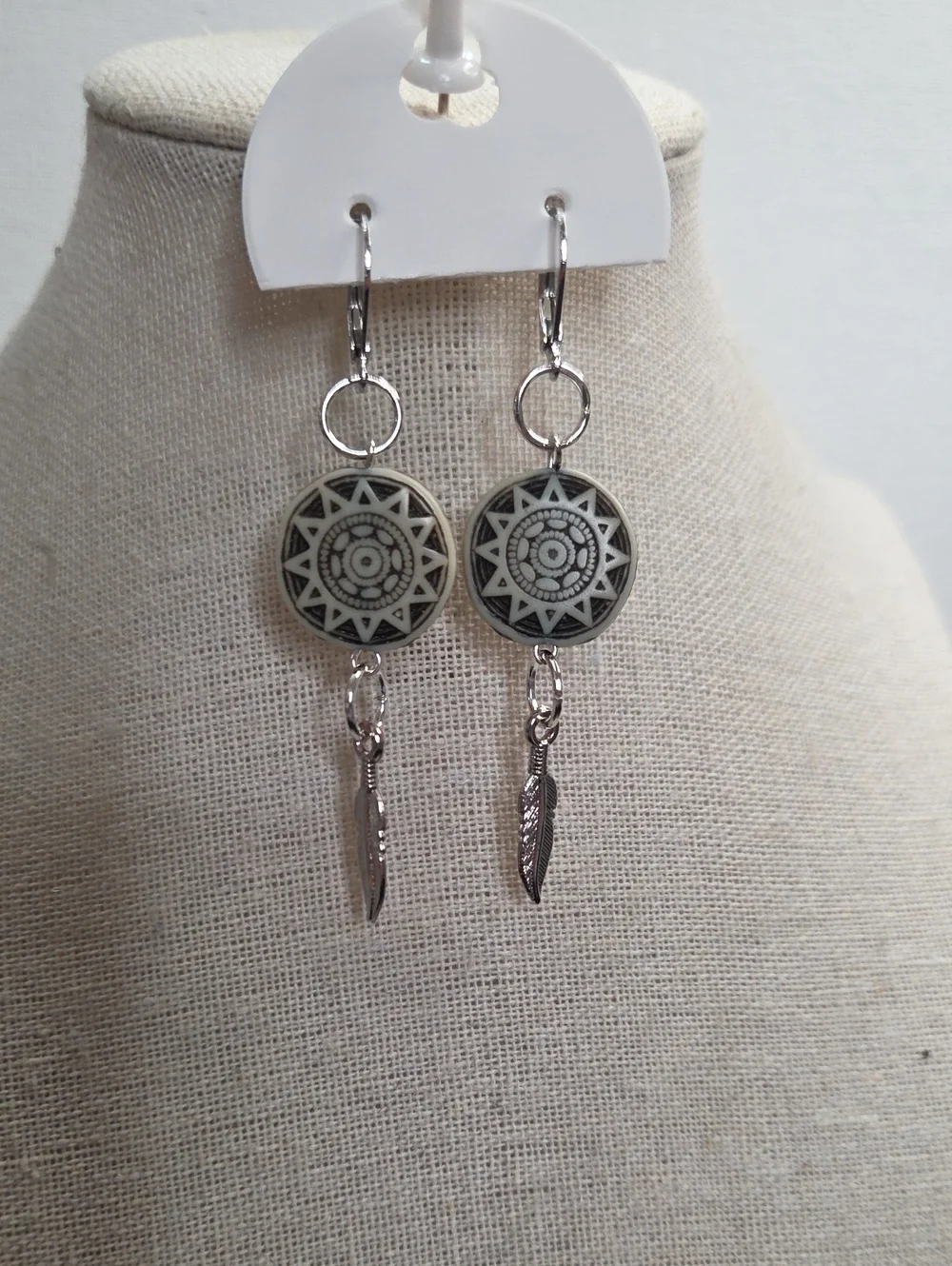 Handcrafted Black Cream Celtic Disc Silver Feather Pierced Earrings Boho Unique